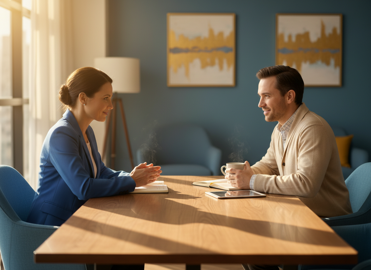 Two people sitting across from each other at a table, having a warm and meaningful conversation. Soft, hopeful lighting. One person is leaning in attentively. Professional yet compassionate setting. Clean, emotional, photorealistic. Warm tones — gold and soft blue. Conveys connection, openness, and partnership.